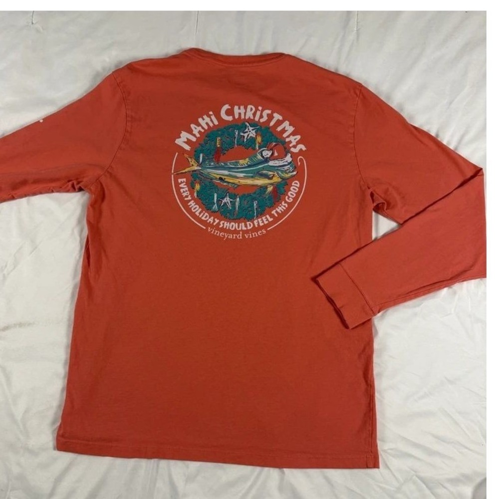 Vineyard Vines Mens Mahi Christmas Long Sleeve Pocket‎ T-Shirt Coral Orange M